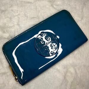 TORY BURCH Blue Patent Leather Zip Around Wallet